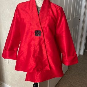 Asymmetrical jacket IC by Connie K RED  NWOT BLACK BUTTON large IN MIDDLE